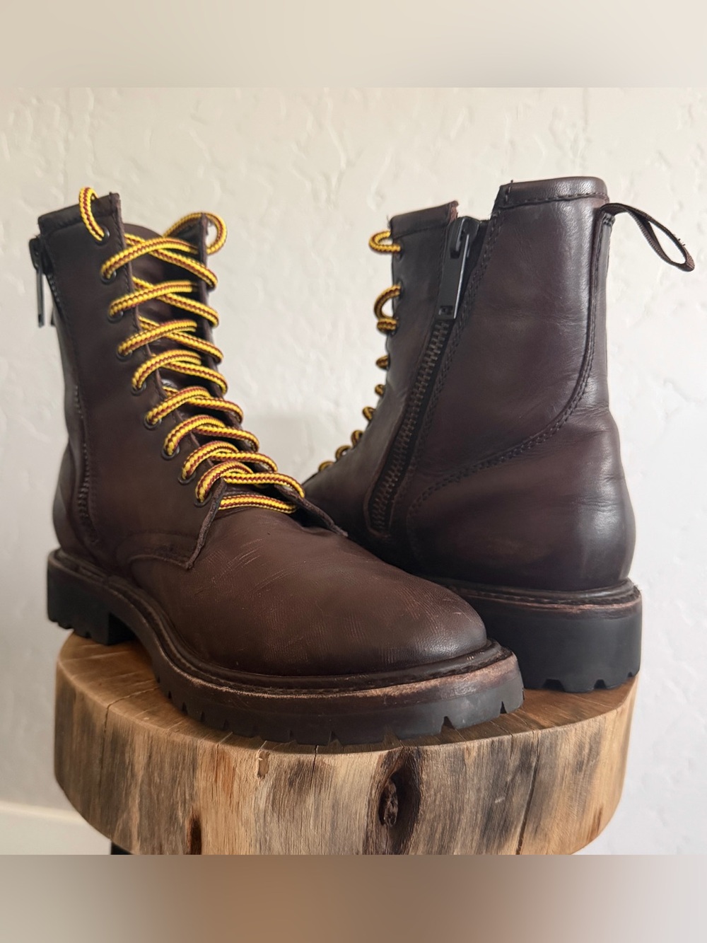 Thursday Boot Company Stomper Dark Brown Leather Combat Boots with Yellow Laces
